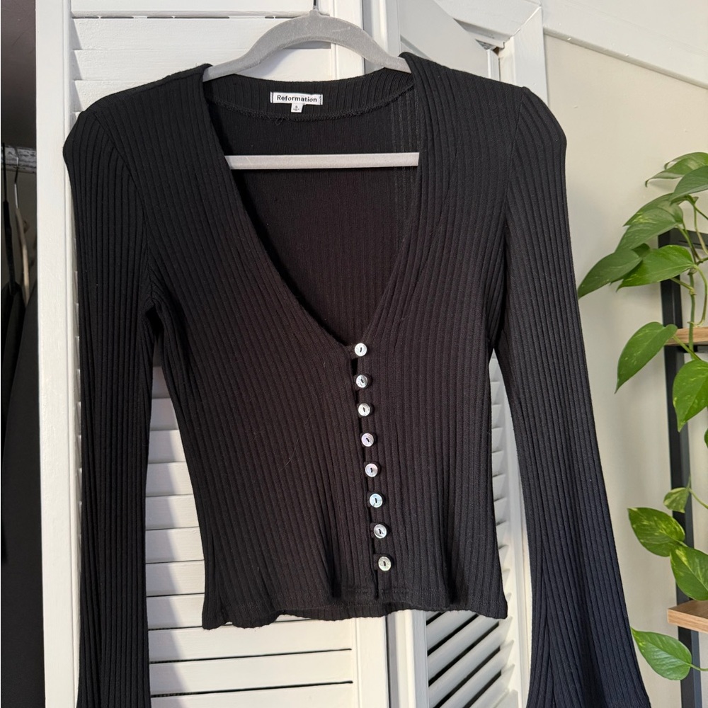 Reformation Black Ribbed Button-Down Top
